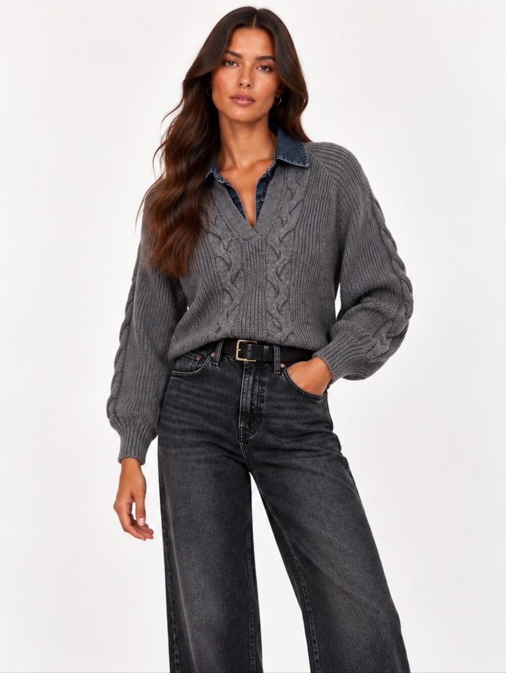 Commense Chunky Knit Denim Collar Gray Sweater New Size S